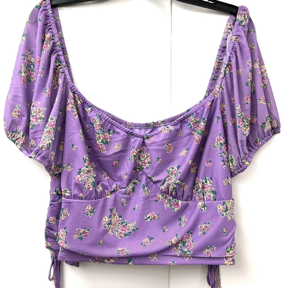 Love, Fire Plus Mesh Crop Top Cap Sleeve Purple Floral NWT - Picture 1 of 6